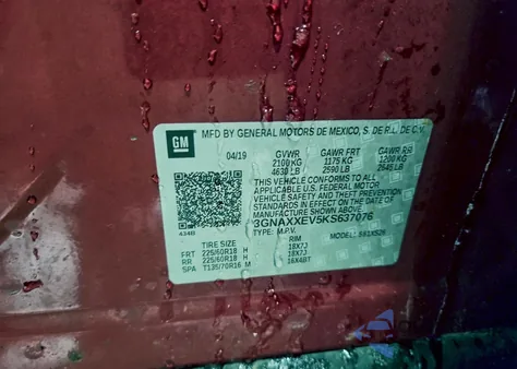 2019 Chevrolet Equinox Premier z USA, uszkodzony, nr VIN 3GNAXXEV5KS637076